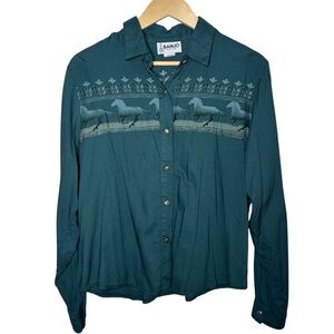 Banjo Dallas Texas Button Up Shirt Women Large Western Horse Long Sleeve Cowgirl